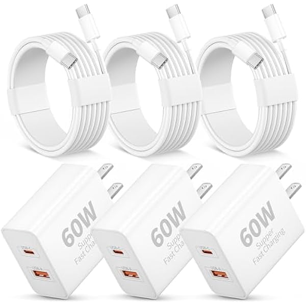 Quyaojz for iPhone 17/17e Fast Charger, 3 Pack 60W Super Fast Charging Dual Port USB C Wall Charger Block with 6FT USB-C Cable Cord Compatible With iPhone 17// 17e/16/15/Pro/, 13/12.9/11