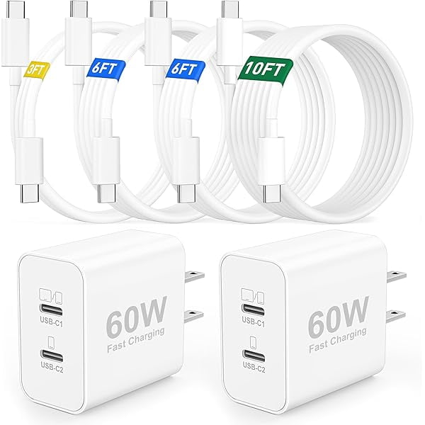 Quyaojz for iPhone 17e/17 Charger Fast Charging, 2-Pack 60W Dual USB C Charger Block Power Adapter with 10/6/6/3FT USB-C Cable Compatible With iPhone 17/17e/16/15/Pro Max/, 13/12.9/11 inch