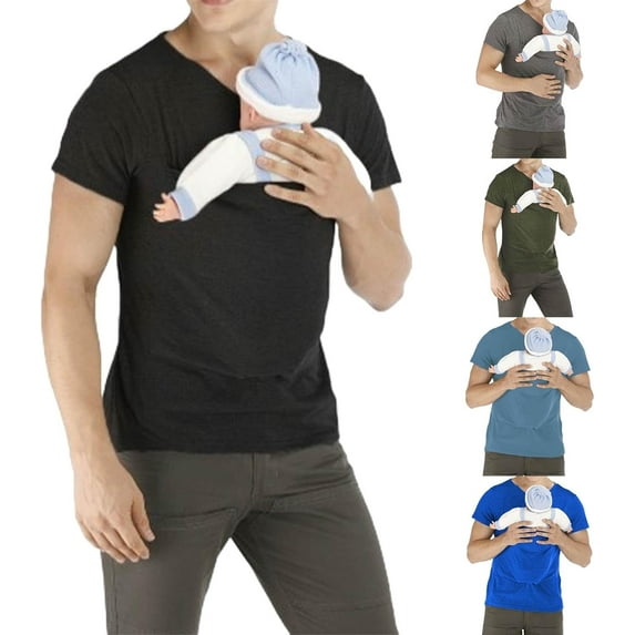 QuyiFa Dad Kangaroo Baby Carrier Shirt, Short Sleeve V Neck Men’s T-Shirt with Pouch for Skin to Skin Newborn Carrying and Hands-Free Bonding