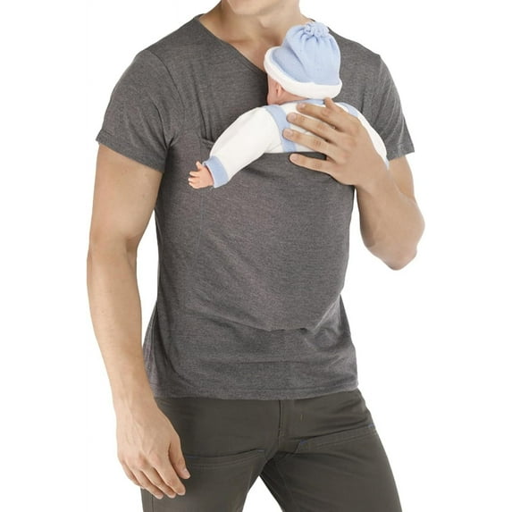 QuyiFa Dad Kangaroo Baby Carrier Shirt, Short Sleeve V Neck Men’s T-Shirt with Pouch for Skin to Skin Newborn Carrying and Hands-Free Bonding