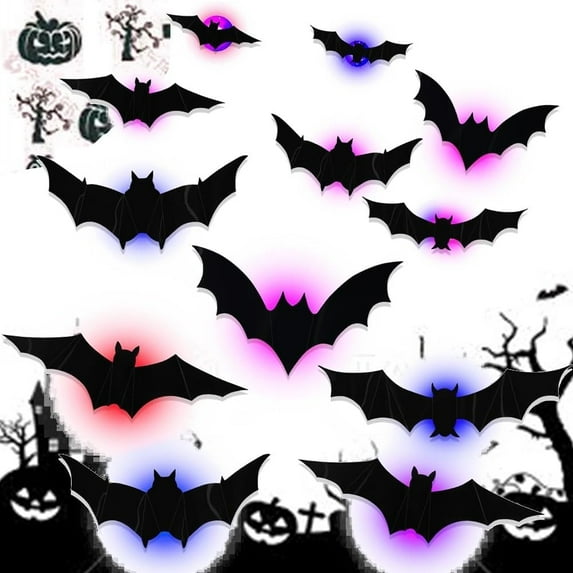 QuyiFa Halloween 3D LED Bat Wall Decor, Glow in Dark Waterproof PVC Light Up Bats Stickers, Reusable Indoor Outdoor Haunted House Decorations