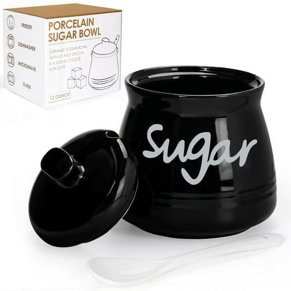 Quyimy Ceramic Sugar Bowl with Lid and Spoon, 12 Ounces Porcelain Sugar Jar Sugar Dispenser, Sugar Container for Home and Kitchen Decor (Black)