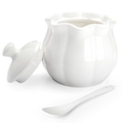 Quyimy Ceramic Sugar Bowl with Lid and Spoon, Flower-Shaped Porcelain Salt Storage Jar, White Seasoning Container for Home and Kitchen, 9 Ounces
