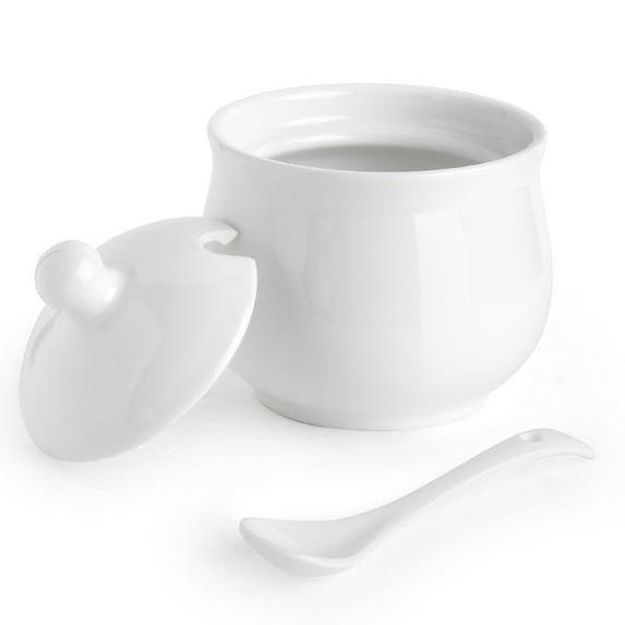 Quyimy Ceramic Sugar Bowl with Lid and Spoon, Porcelain Salt Storage Jar, White Seasoning Container for Home and Kitchen, 7 Ounces (White)