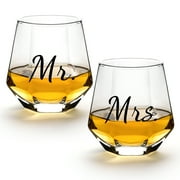 Quyimy Mr and Mrs Wine Glasses, Stemless Clear Wine Glasses Set of 2, 10 Oz Diamond Shaped Wine Glasses, Unique Wine Glasses Valentines Engagement Wedding Gifts