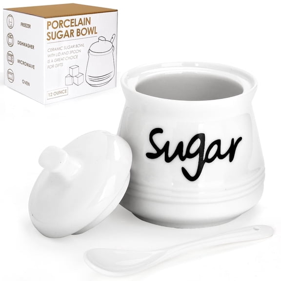Quyimy Porcelain Sugar Bowl 12 fl oz with Lid and Spoon Ceramic Sugar Jar Dispenser Container(White)
