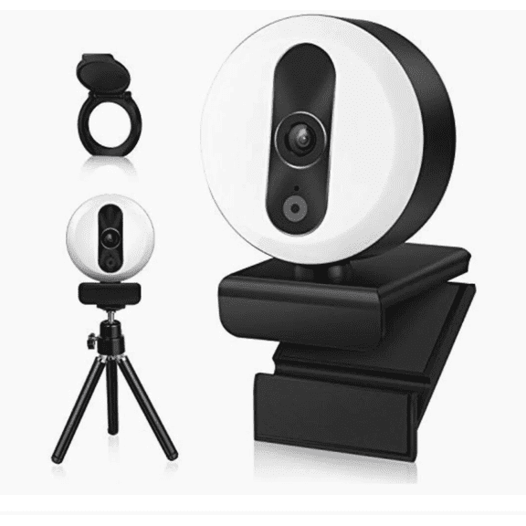 Quzkey Webcam with Ring Light and Microphone, 2K HD Autofocus Tripod PC Desktop USB 2.0