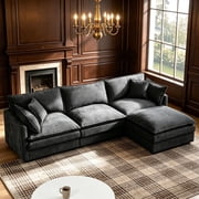 QuzyAor 102" Modular Sectional Sofa, Chenille L Shaped Cloud Couch with Movable Ottoman, Deep Seat 3 Seater Comfy Couch for Living Room Apartment, Black