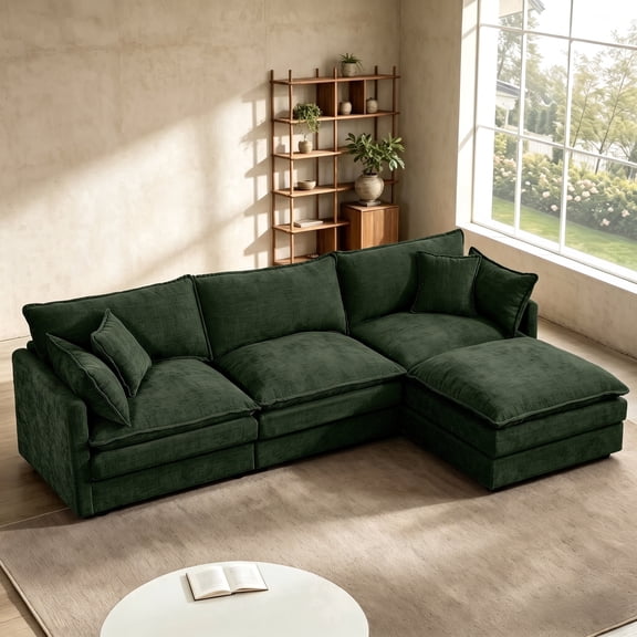 QuzyAor 102" Modular Sectional Sofa, Chenille L Shaped Cloud Couch with Movable Ottoman, Deep Seat 3 Seater Comfy Couch for Living Room Apartment, Green