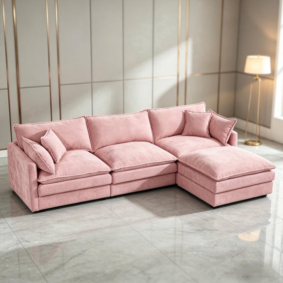 QuzyAor 102" Modular Sectional Sofa, Chenille L Shaped Cloud Couch with Movable Ottoman, Deep Seat 3 Seater Comfy Couch for Living Room Apartment, Pink