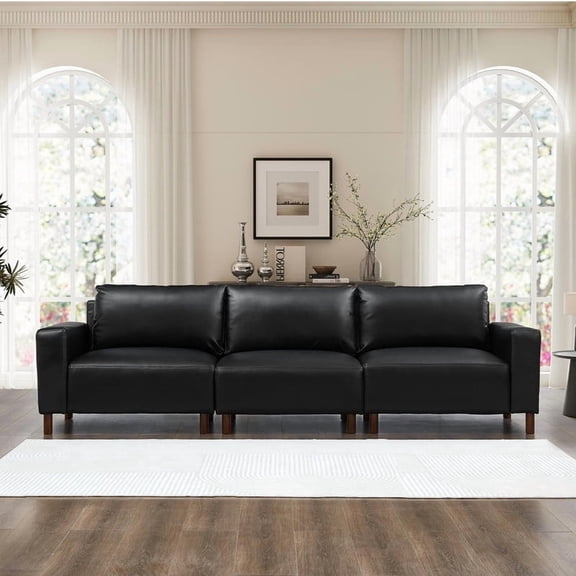 QuzyAor 112" Mid-Century PU Leather Sofa, 3-Seat Faux Leather Couch for Living Room Apartment,Black