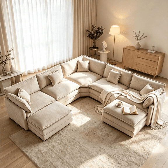 QuzyAor 113.4" Oversized 7-Seater Modular Cloud Sectional Sofa, Chenille U-Shape Couch w/ 2 Ottomans, Deep Seat for Living Room Home Theater,Camel