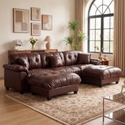 QuzyAor 124.4"U Shaped Faux Leather Sectional Couch, Convertible Modular Sofa for Living Room RV Apartment Office, for Families Pet,Brown