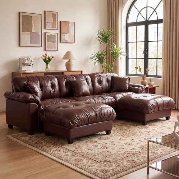 QuzyAor 124.4"U Shaped Faux Leather Sectional Couch, Convertible Modular Sofa for Living Room RV Apartment Office, for Families Pet,Brown