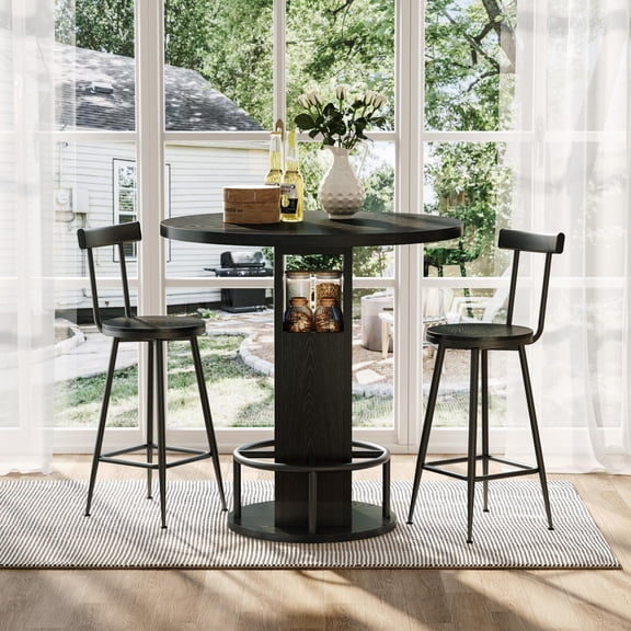 QuzyAor 3-Piece Round Bar Table Set, Rustic Wooden Pub Tables with 2 Chairs Industrial Bistro with Footrest & Storage for Cafes, Bars, Dining, Living Room, Small Space,Black