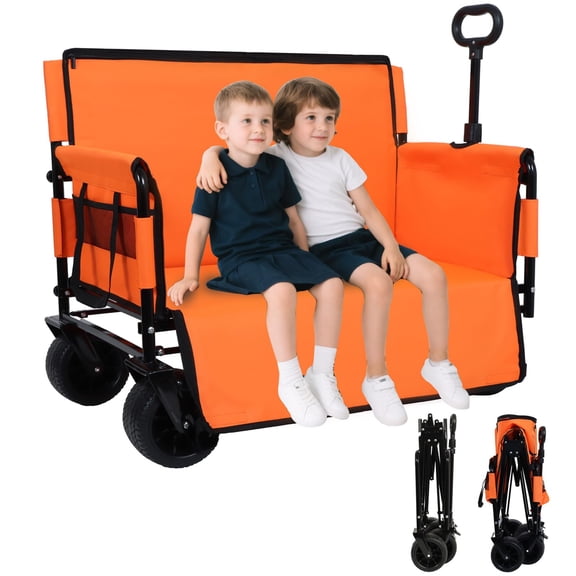 QuzyAor 3-in-1 Folding Wagon, 500lbs 180L Utility Cart with Bench Seat, All-Terrain Wheels, Orange for Camping