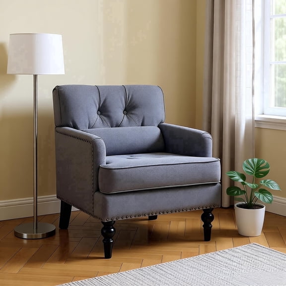 QuzyAor 30" Tufted Club Chair, Mid-Century Modern Accent Armchair, Corduroy with Nailhead Trim & Solid Wood Legs for Living Room Bedroom, Gray