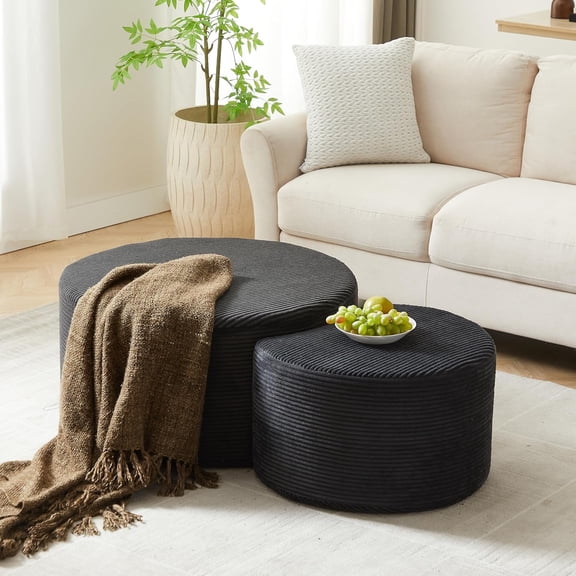 QuzyAor 32"+24" Nesting Coffee Table Set of 2, Corduroy Upholstered Round Ottoman, Modern Side End Table, No Assembly Required for Living Room Apartment, Black