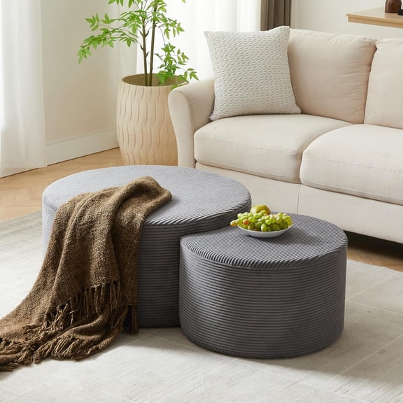 QuzyAor 32"+24" Nesting Coffee Table Set of 2, Corduroy Upholstered Round Ottoman, Modern Side End Table, No Assembly Required for Living Room Apartment, Gray