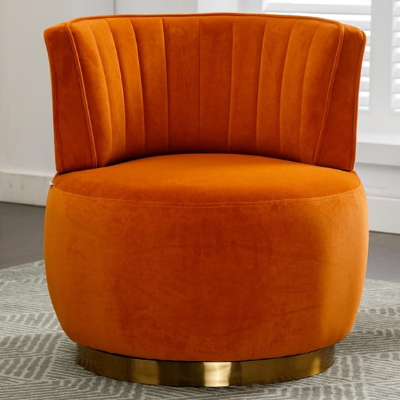 QuzyAor 360-Degree Swivel Barrel Chair, Mid Century Modern Round Accent Chair, Fluffy Velvet Material, with Comfy Soft Cushion, for Living Room, Orange