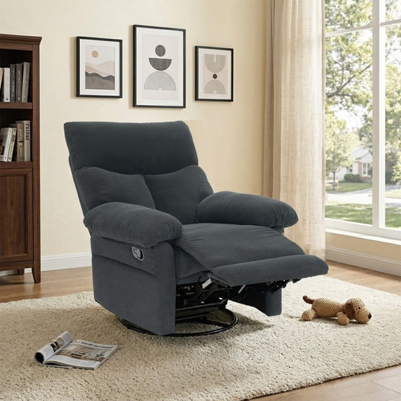 QuzyAor 360° Swivel Rocker Recliner Chair, Manual Overstuffed Glider with Textured Fabric, Ergonomic Nursery Recliner for Living Room,Gray