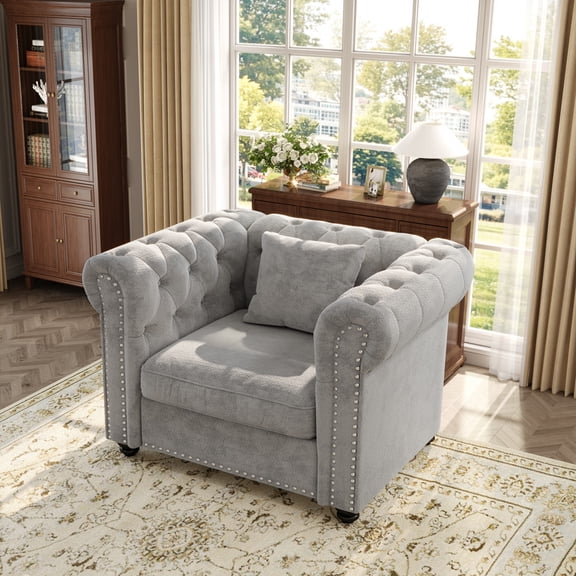 QuzyAor 38.5" Chesterfield Tufted Accent Chair with Rolled Arms & Nailhead Trim, Chenille Deep Seat Armchair for Living Room Bedroom Office,Light Gray