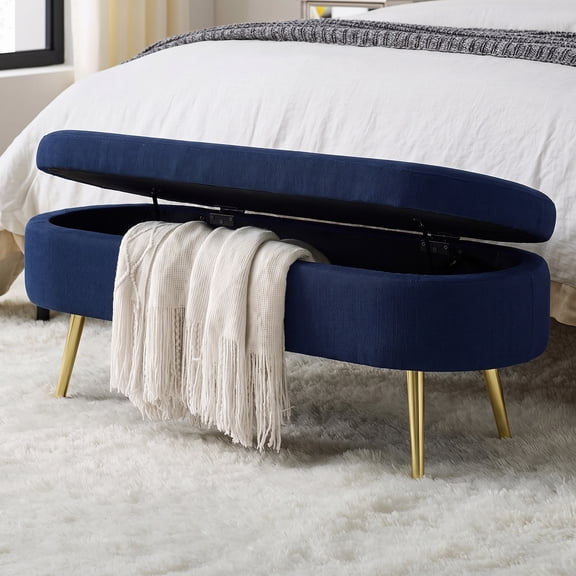 QuzyAor 43.5" Upholstered Storage Bench with Gold Metal Legs, Linen End of Bed Bench for Bedroom Living Room Entryway, 330 lb Weight Capacity,Blue