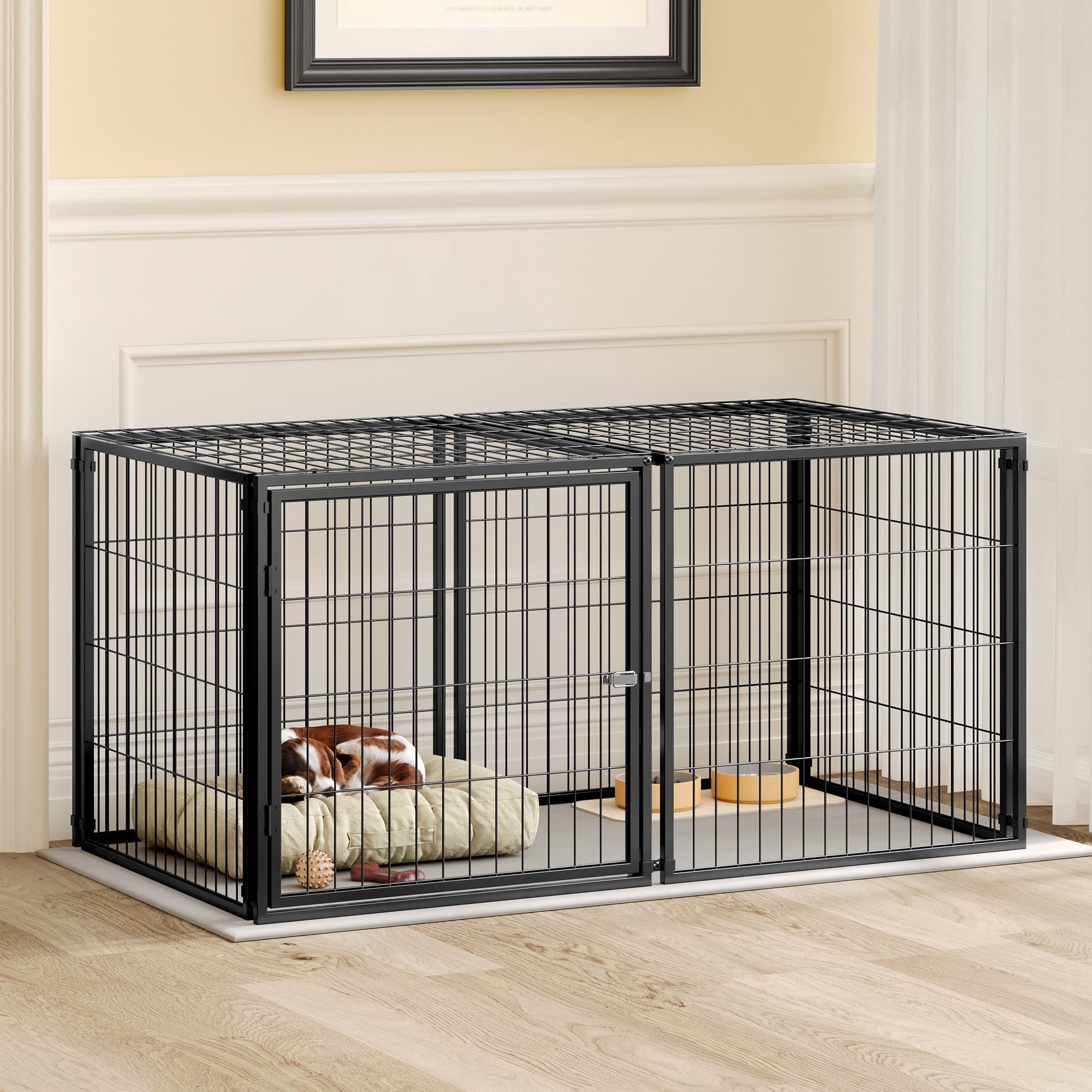 QuzyAor 48" Heavy Duty Metal Wire Dog Crate, Large Dog Kennel with Secure Top Cover & Removable Tray for Indoor, Black