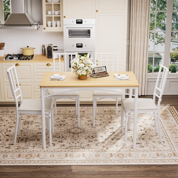 QuzyAor 5 Piece Dining Table Set for 4, Farmhouse Kitchen Table and PU Upholstered Chairs, Small Space Compact Dinette, Wood Top & Heavy-Duty Metal Frame, Breakfast Nook Set for Apartment,Bar