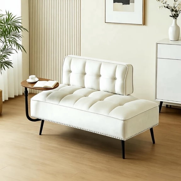 QuzyAor 54-Inch Velvet 2-Seater Bench with 360° Rotating Side Table, Memory Foam, Wooden Frame, Beige for Living Room