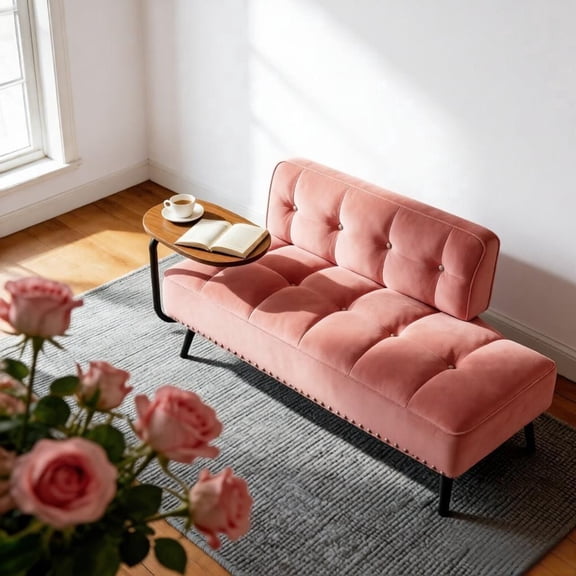 QuzyAor 54-Inch Velvet 2-Seater Bench with 360° Rotating Side Table, Memory Foam, Wooden Frame, Pink for Living Room