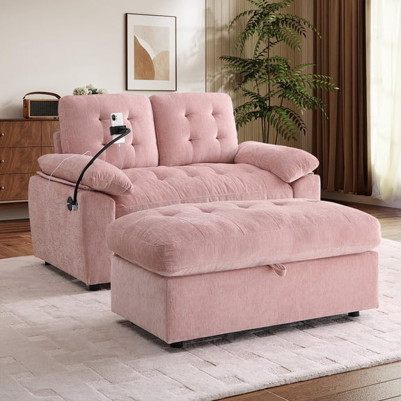 QuzyAor 56" Oversized Chair and A Half with Storage Ottoman, Pink Chenille Tufted Loveseat Chaise Lounge with USB & Phone Holder, Cozy Reading Sofa