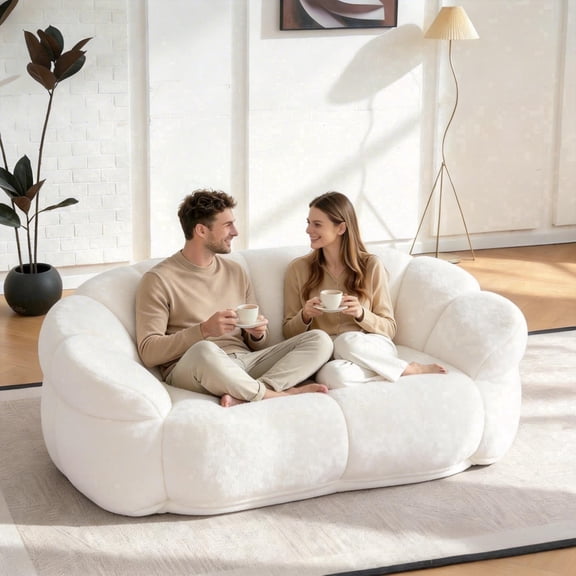 QuzyAor 59" Bean Bag Chair for Adults, Faux Fur 2 Seater Loveseat Floor Sofa, Ultra Soft Fluffy Memory Foam Couch for Living Room Bedroom, Beige