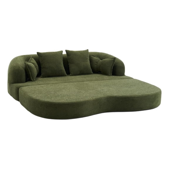 QuzyAor 69.88" Folding Sofa Bed, 2-in-1 Boneless Convertible Loveseat Couch, Wood-grain Soft Chenille with 4 Pillows, for Small Spaces, Living Room, Bedroom, No Assembly, Green