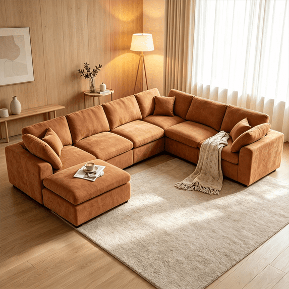 QuzyAor 7-Seater Oversized Modular Cloud Sectional Sofa, Chenille U-Shape Couch w/ Ottoman, Wide Armrest for Living Room,Orange