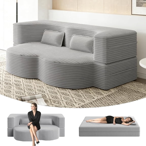 QuzyAor 78" Convertible Sofa Bed, Corduroy Boneless Floor Sofa with 2 Free Pillows, No Assembly Required for Living Room Bedroom Small Spaces, Gray