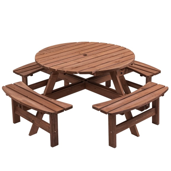 QuzyAor 8-Person Circular Outdoor Wooden Picnic Table w/ 4 Built-in Benches, 500lbs Capacity Per Bench, for Garden Patio Backyard - Brown