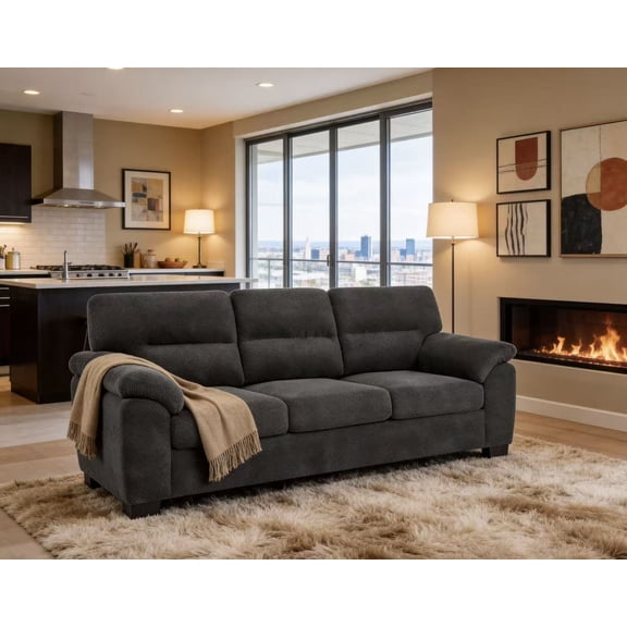 QuzyAor 81" 3-Seater Sofa, Polyester Upholstered Couch with Padded Armrests for Living Room,Dark Gray