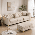 thumbnail image 1 of QuzyAor 81.5" Faux Leather 3 Seater Sofa with Ottoman, Button Tufted Chesterfield Couch with Gold Metal Legs & 3 Pillows, Beige, 1 of 9