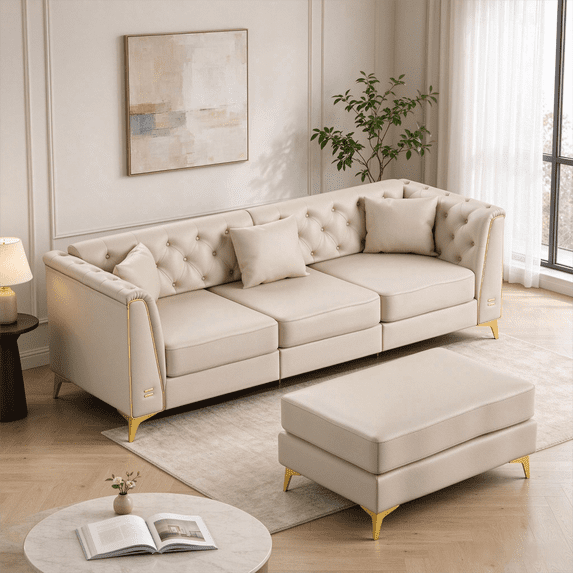 QuzyAor 81.5" Faux Leather 3 Seater Sofa with Ottoman, Button Tufted Chesterfield Couch with Gold Metal Legs & 3 Pillows, Beige