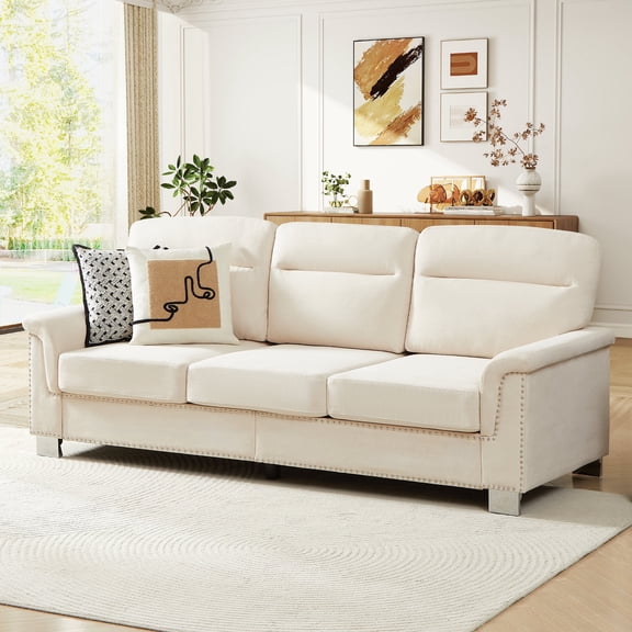 QuzyAor 84 Inch Modern 3-Seater Sofa, Deep Seat Design with Nailhead Trim, Curved Armrests and Metal Support Legs, Comfortable Living Room Sofa, Beige