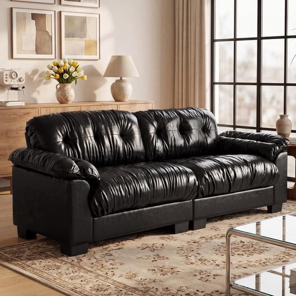 QuzyAor 90.5" Loveseat, PU Leather with Tufted Fold Detail for Living Room, Black