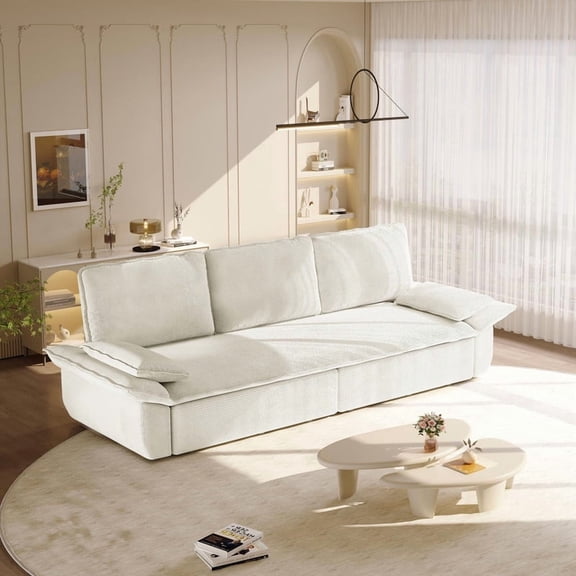 QuzyAor 94.5" King Sleeper Sofa Bed, 3-in-1 Convertible Corduroy Couch with Pull-Out Bed for Living Room,White