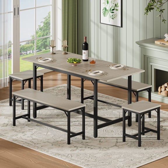 QuzyAor Extendable Dining Table Set, 63 Inch Large Expandable Kitchen Table with 2 Benches 2 Stools, Modern Wood Top Metal Frame Space Saving Easy Assembly for Home Dining Room, Grey