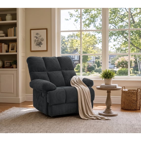 QuzyAor Manual Rocker Recliner Chair, Nubby Fabric Overstuffed with Plush Armrests, for Living Room Office, Gray