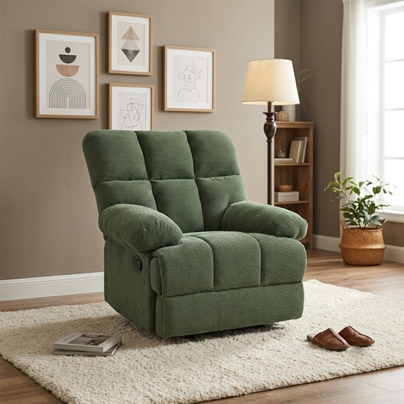 QuzyAor Modern Manual Rocker Recliner Chair, Nubby Fabric Overstuffed with Plush Armrests, for Living Room Home Office, Green