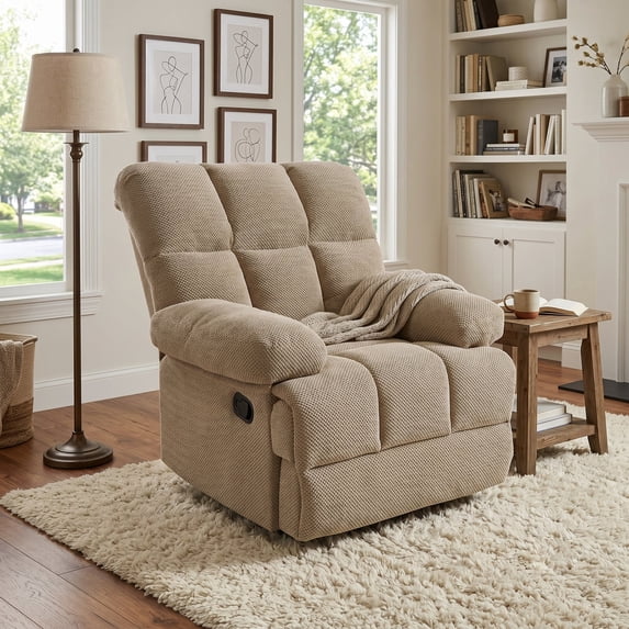 QuzyAor Overstuffed Rocker Recliner Chair, Plush Padded Armrests with Manual Recline & Footrest, Perfect for Living Room Home Office Relaxation, Camel