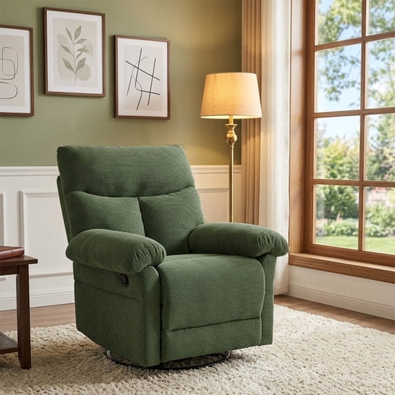 QuzyAor Swivel Rocker Recliner Chair, 360° Manual Glider with Overstuffed Fabric & Padded Armrests, Ergonomic Nursery Recliner for Small Spaces Living Room,Green
