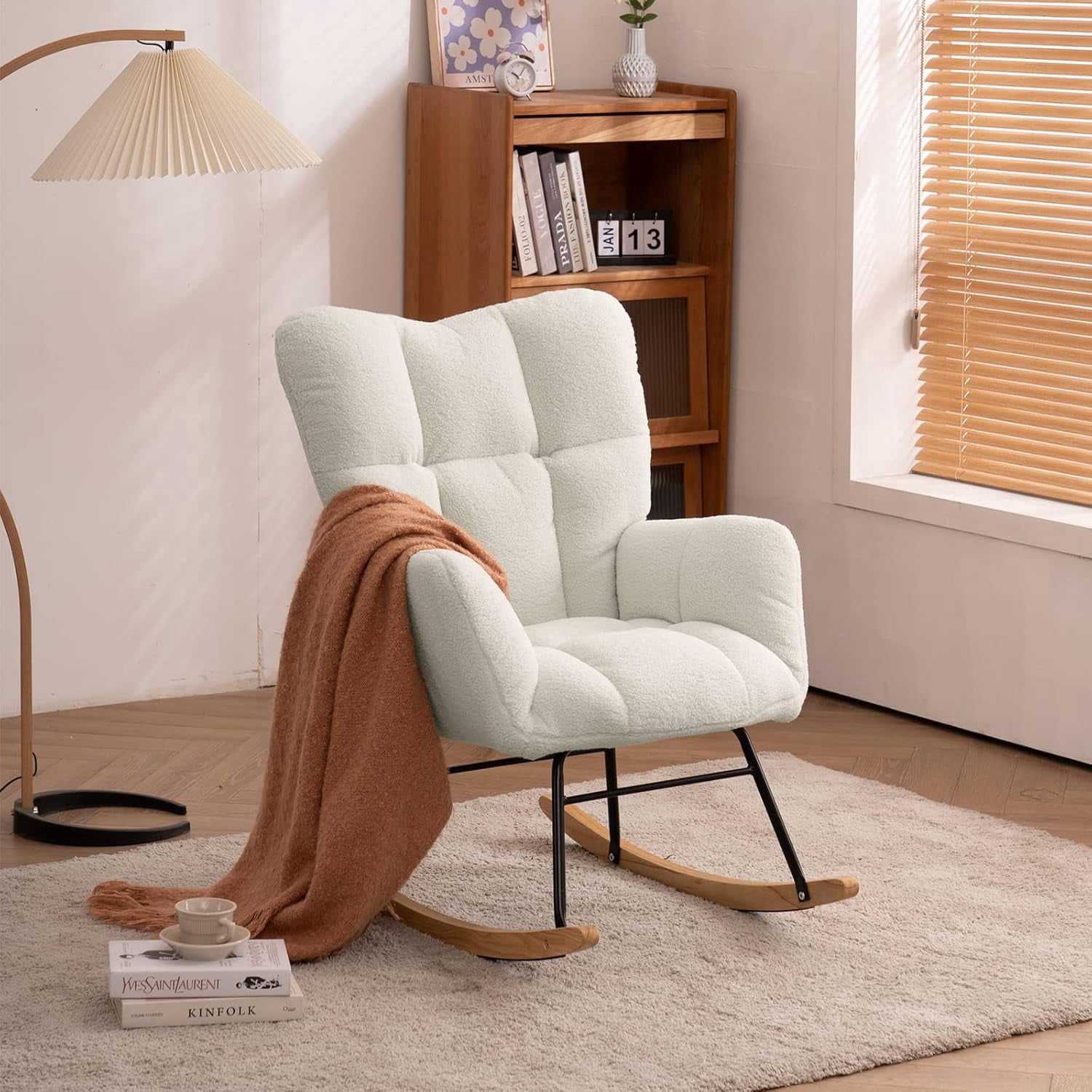 QuzyAor Teddy Fabric Nursery Glider Rocking Chair,Soft Upholstered Chair with Optional Footrest & Headrest for Baby Nursery Living Room,Ivory