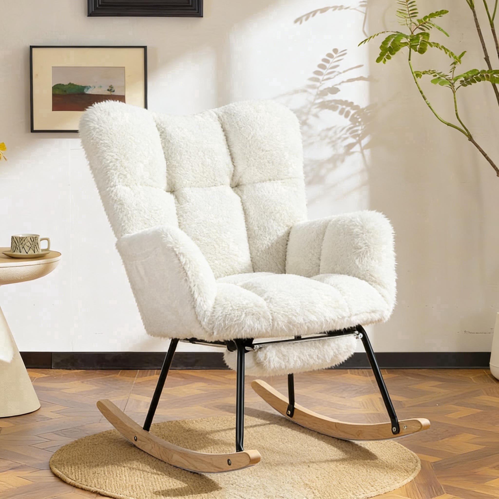 QuzyAor Teddy Fabric Nursery Glider Rocking Chair,Soft Upholstered Chair with Optional Footrest & Headrest for Baby Nursery Living Room,Ivory